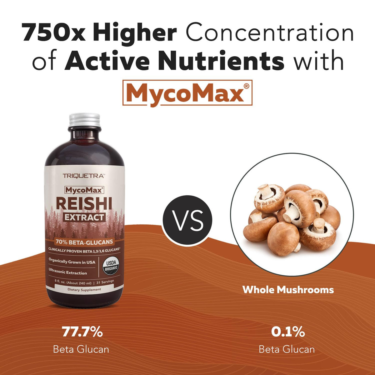 Flacon d'extrait de champignon Reishi sur une table en bois