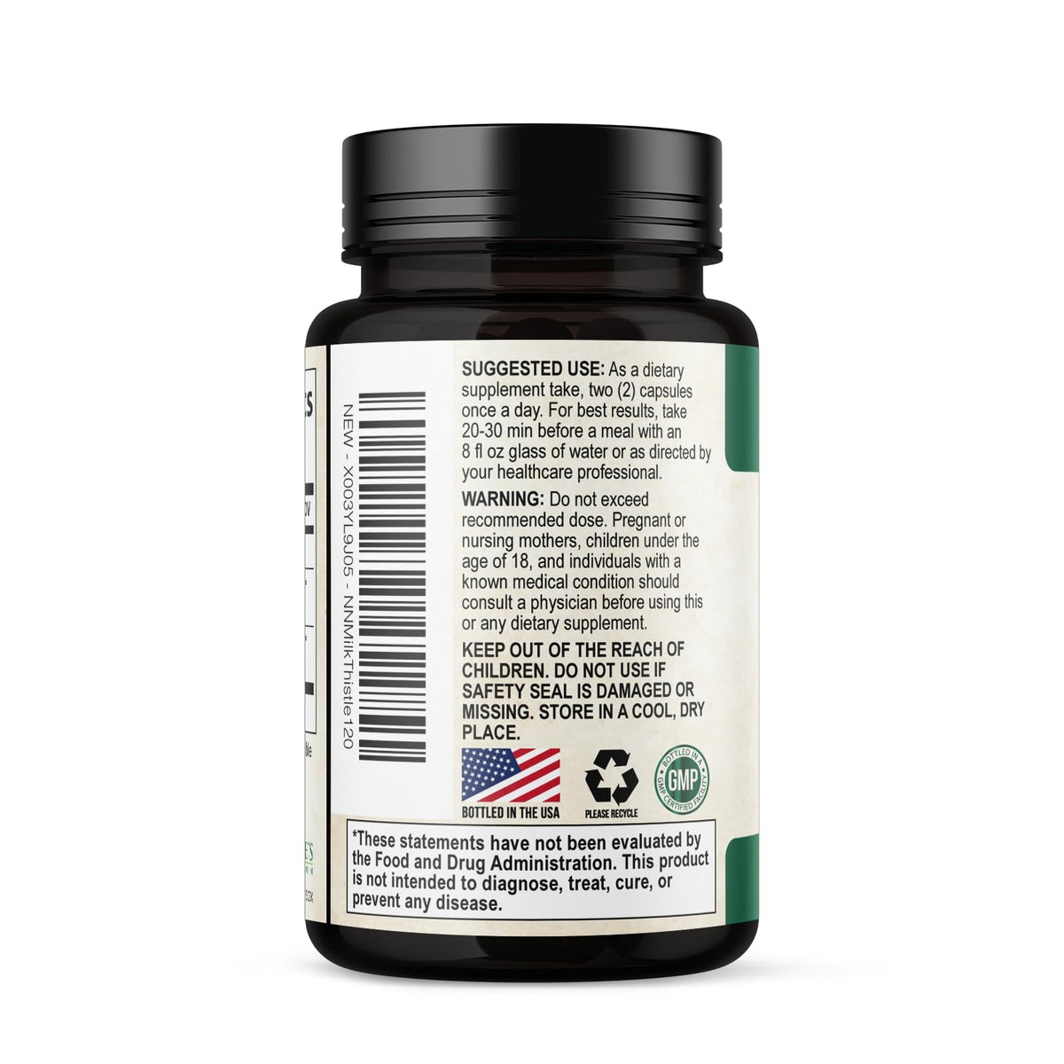Flacon d'extrait de chardon-marie ouvert avec capsules visibles