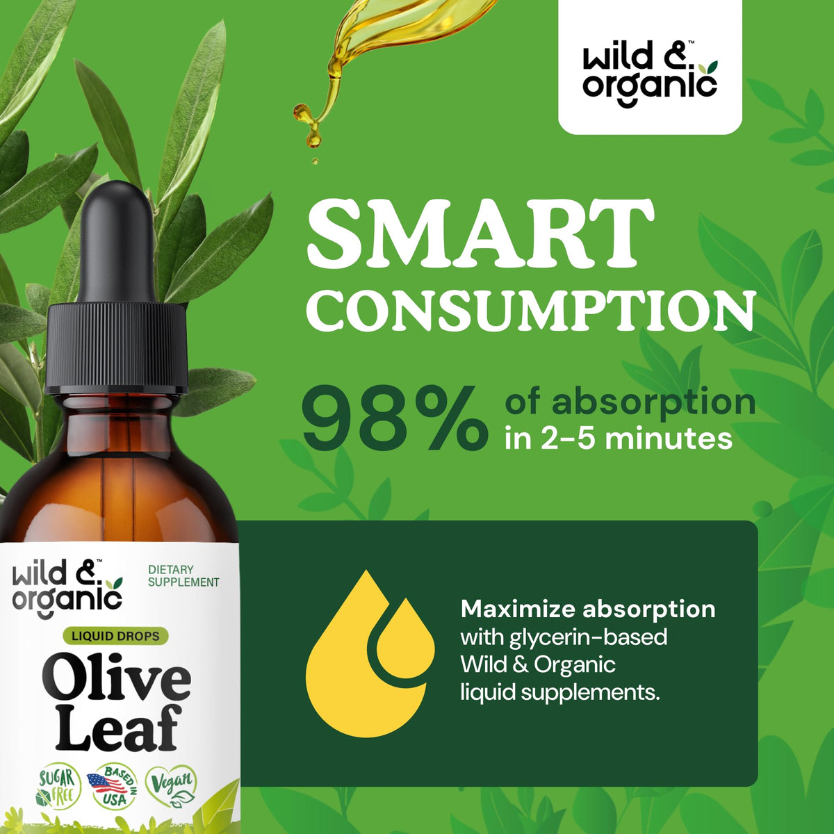 Flacon d'extrait de feuille d'olivier Wild & Organic avec un arrière-plan naturel