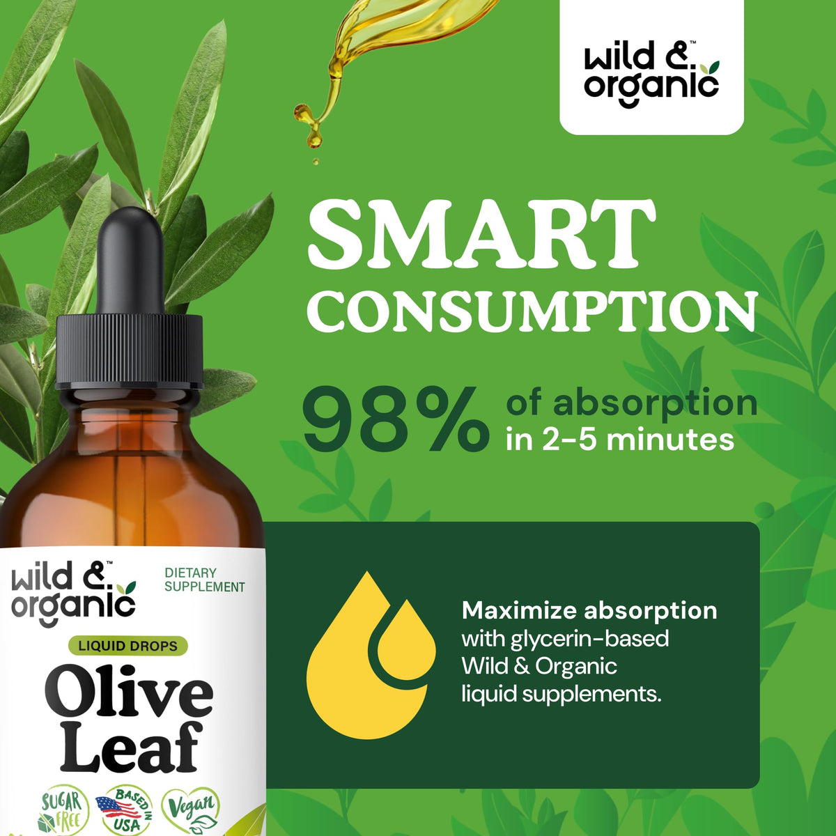 Flacon d'extrait de feuille d'olivier Wild & Organic sur une surface en bois
