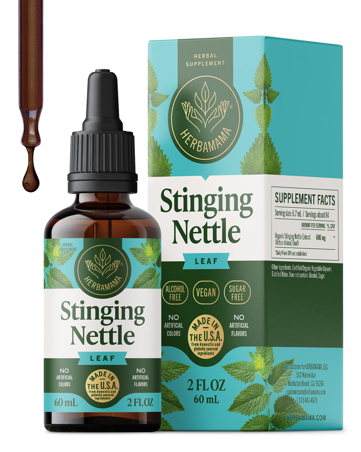 Flacon d'extrait de feuille d'ortie HERBAMAMA 600 mg vue de face