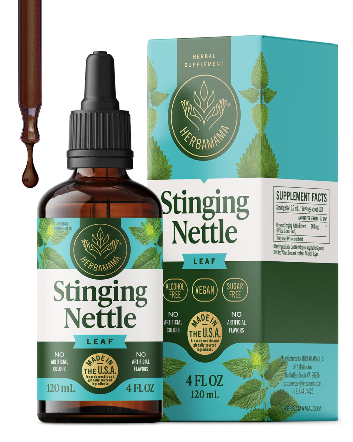 Flacon d'extrait de feuille d'ortie HERBAMAMA 600 mg, vue de face