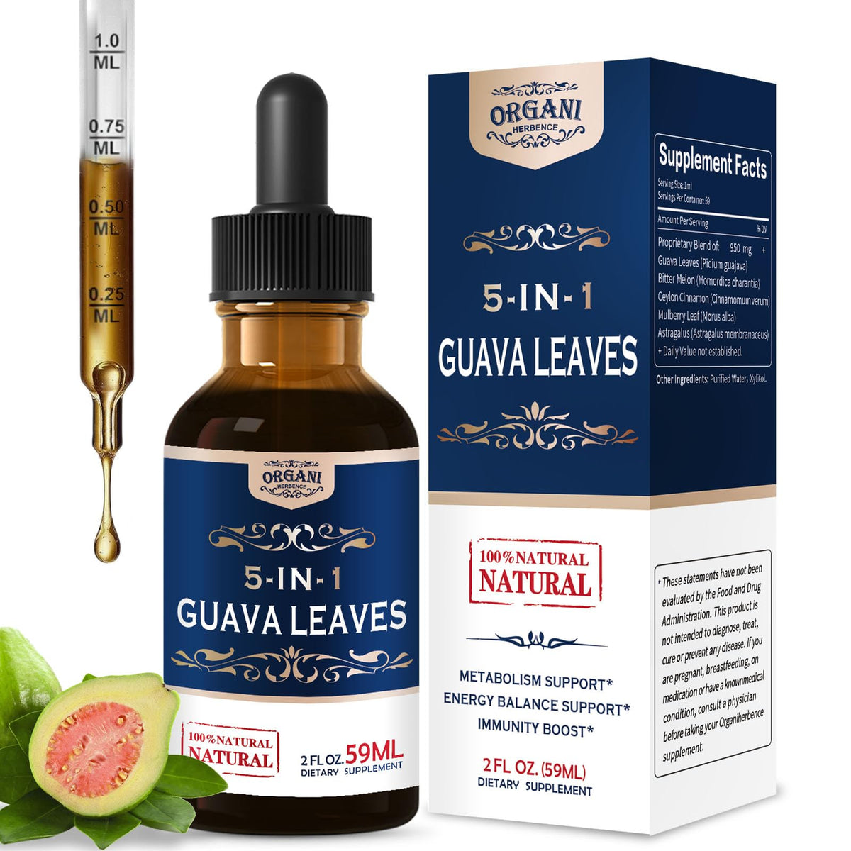 Flacon d'extrait de feuille de goyavier ORGANIHERBENCE 60 ml vue de face
