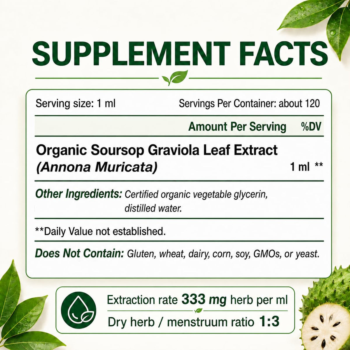 Flacon d'extrait de feuille de graviola bio KingHealth dans un environnement naturel
