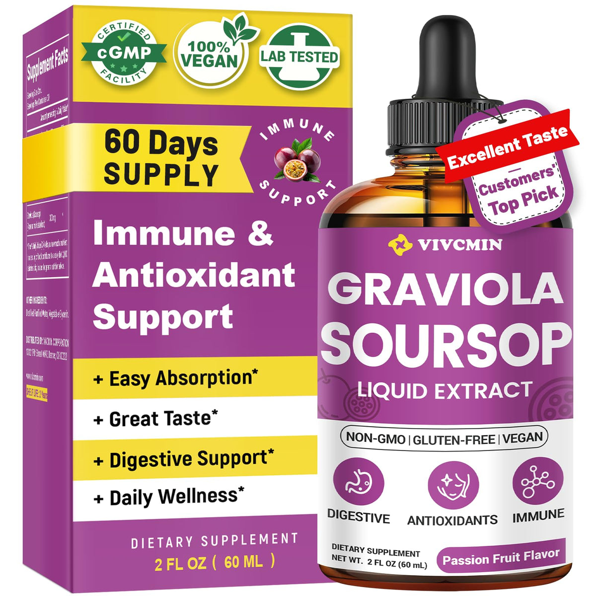 Flacon d'extrait de feuille de graviola vivcmin 60 ml avec étiquette
