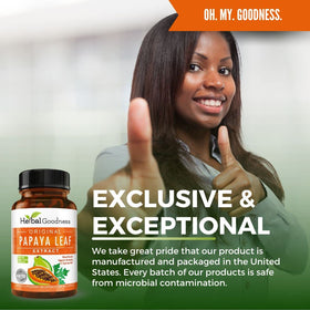 Flacon d'extrait de feuille de papaye Herbal Goodness ouvert avec capsules à l'intérieur