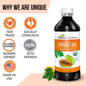 Flacon d'extrait de feuille de papaye Herbal Goodness sur une table en bois