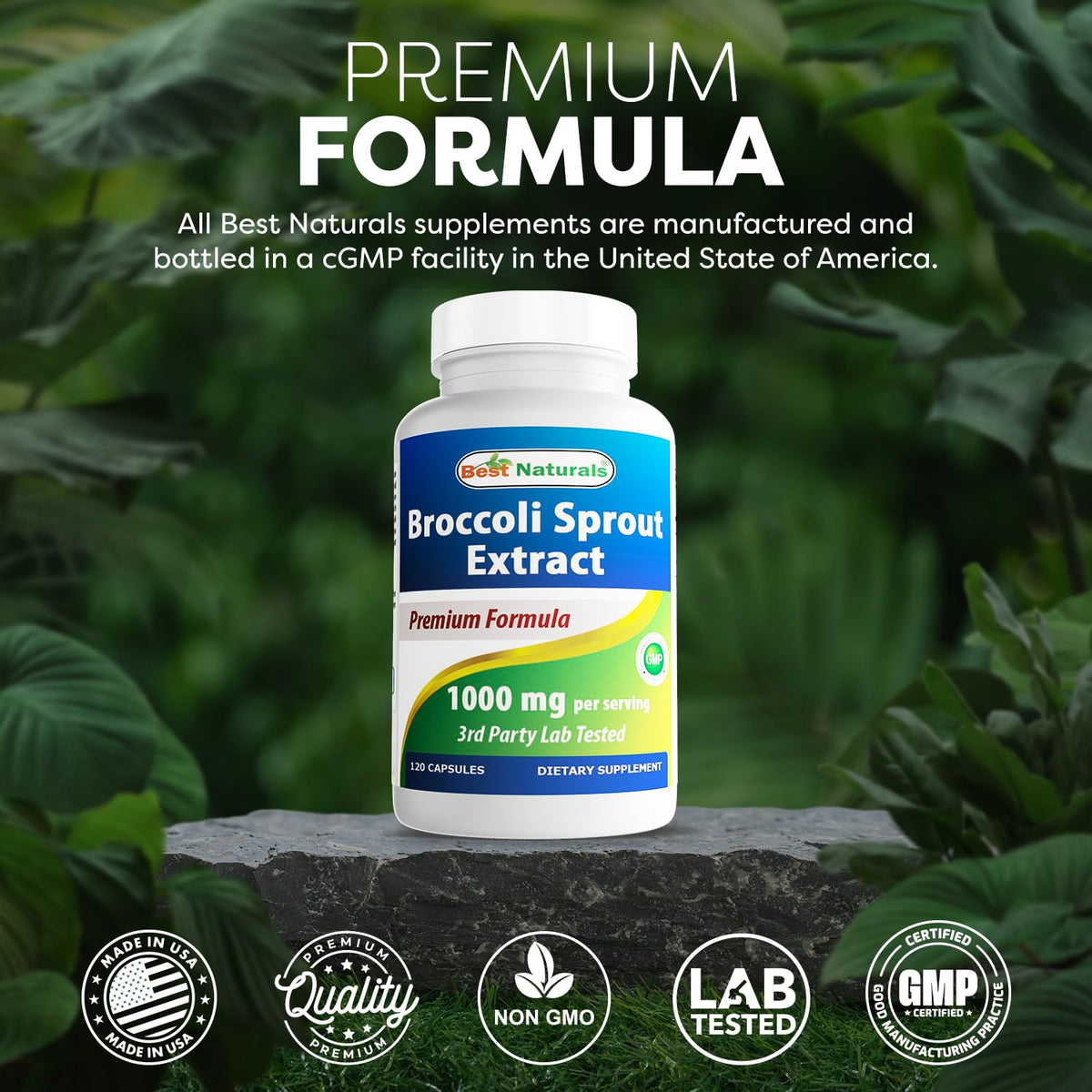 Flacon d'extrait de germes de brocoli Best Naturals ouvert avec capsules