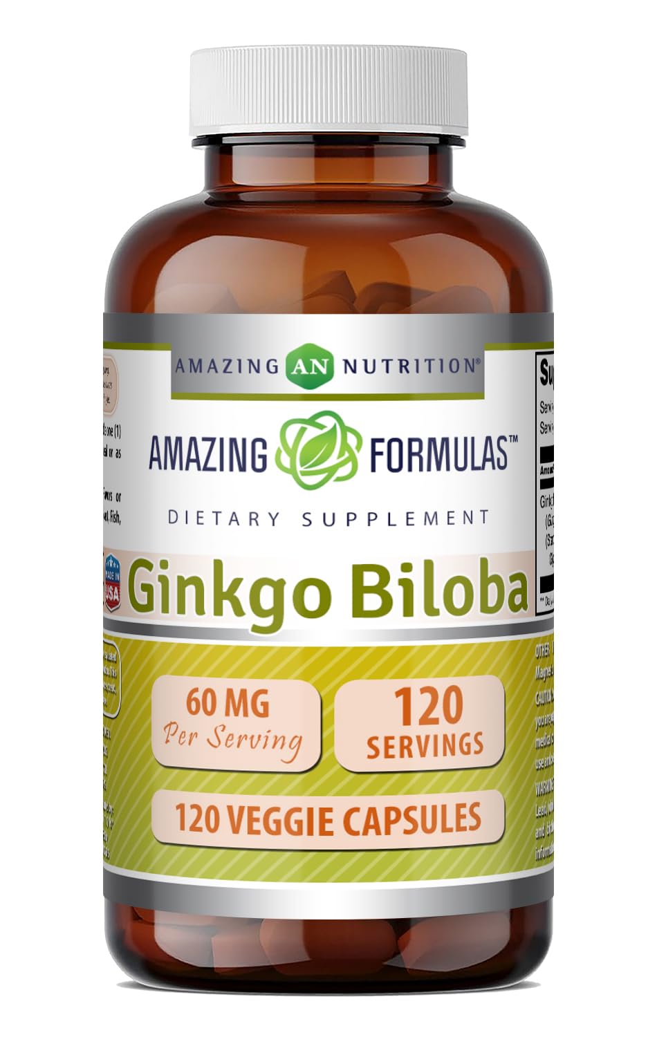 Flacon d'extrait de Ginkgo Biloba Amazing Nutrition 60 Mg 120 capsules