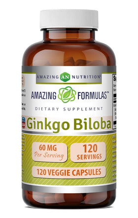 Flacon d'extrait de Ginkgo Biloba Amazing Nutrition 60 Mg 120 capsules