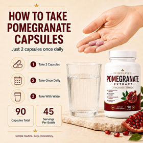 Flacon d'extrait de grenade bio d'EVERNATURECURE avec une main tenant une capsule