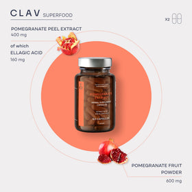 Flacon d'extrait de grenade CLAV avec capsules sur fond blanc
