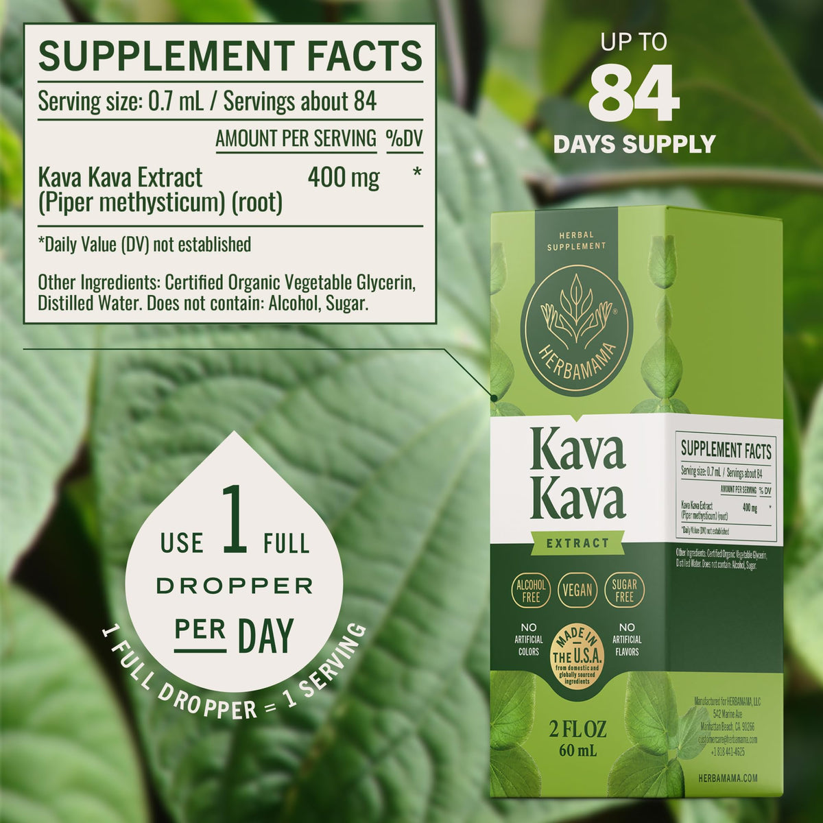 Flacon d'extrait de Kava Kava HERBAMAMA avec compte-gouttes