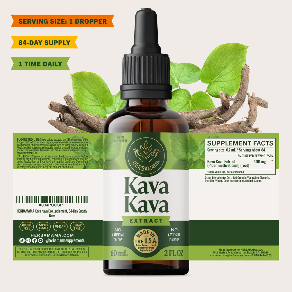 Flacon d'extrait de Kava Kava HERBAMAMA avec gouttes dans un verre