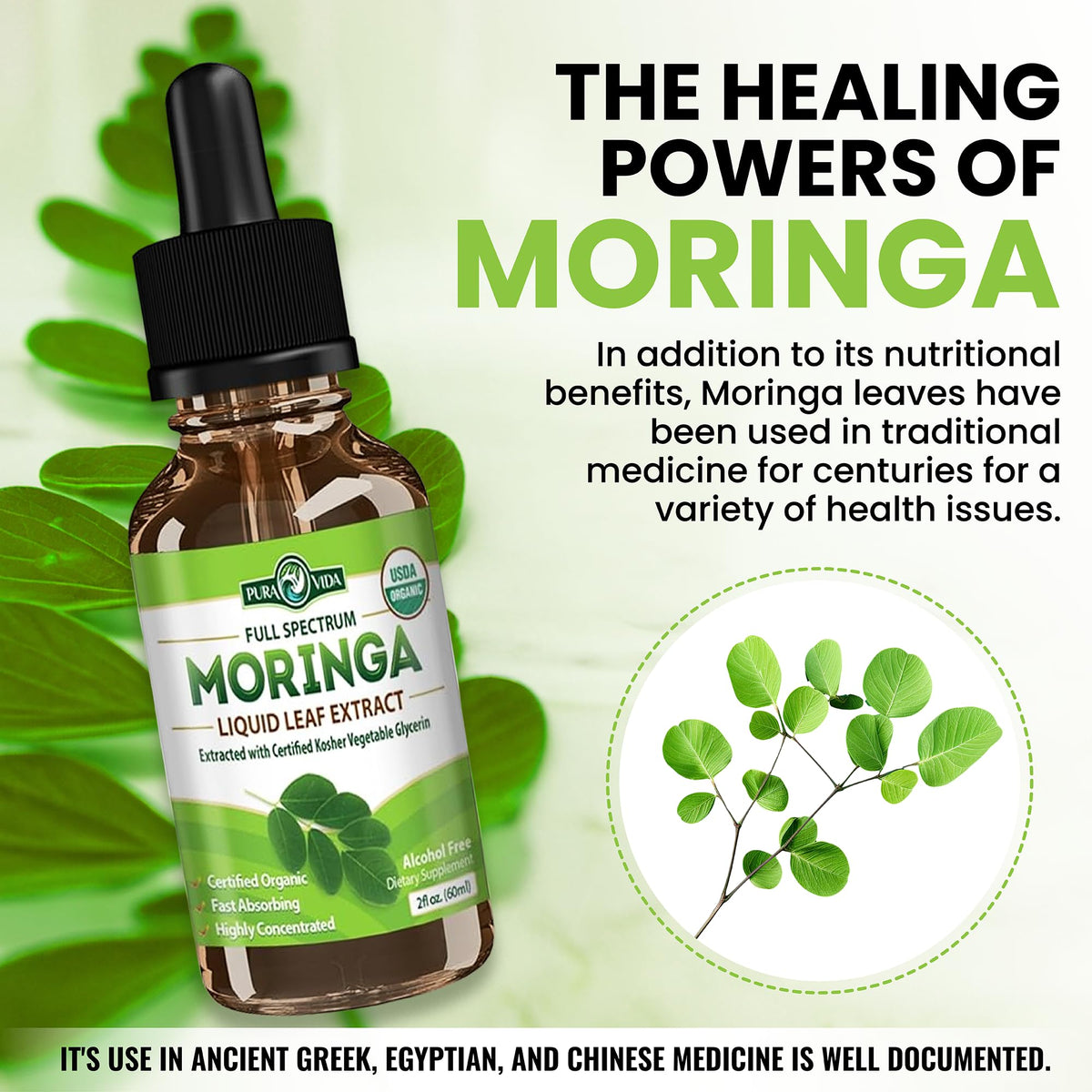 Flacon d'extrait de Moringa sur une table en bois