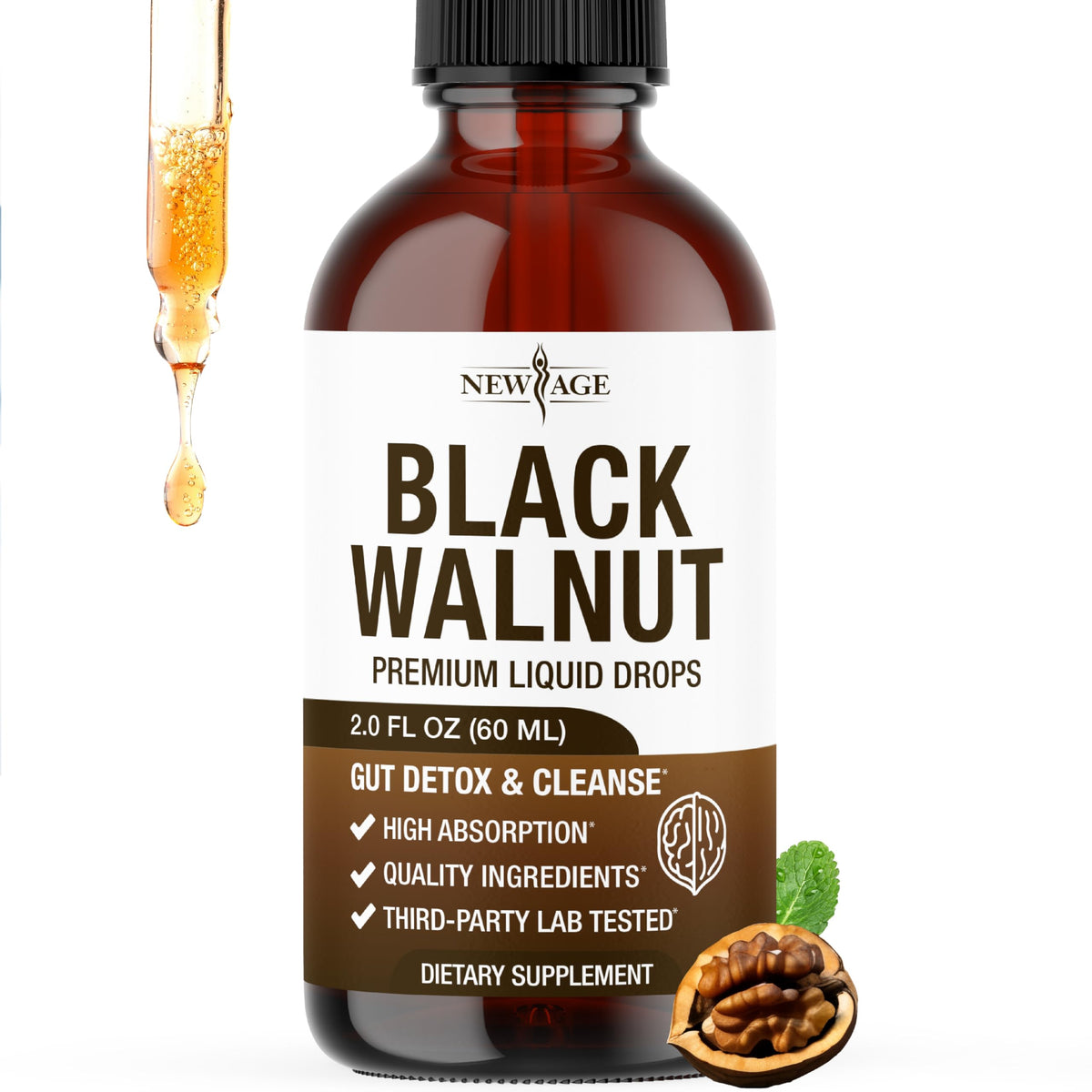 Flacon d'extrait de noix noire liquide NEW AGE 2 oz vue de face