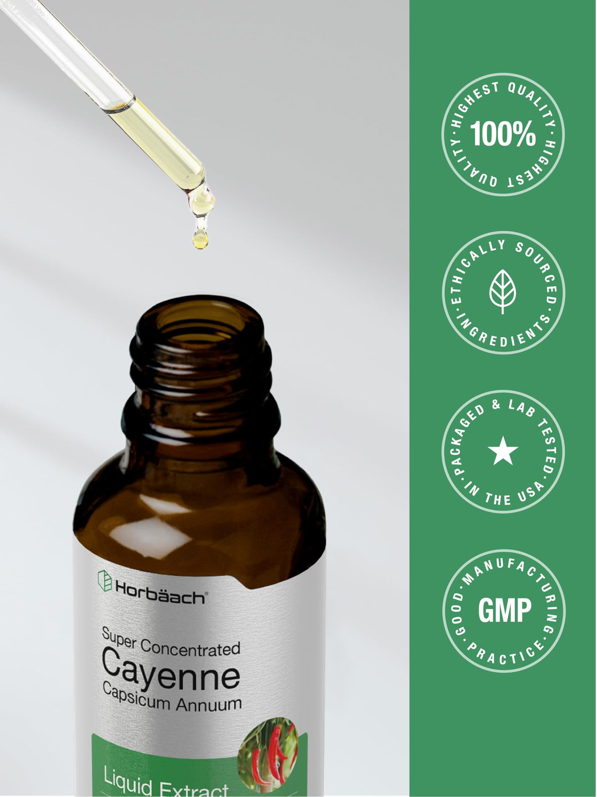 Flacon d'extrait de piment de cayenne Horbäach avec goutte à l'extérieur