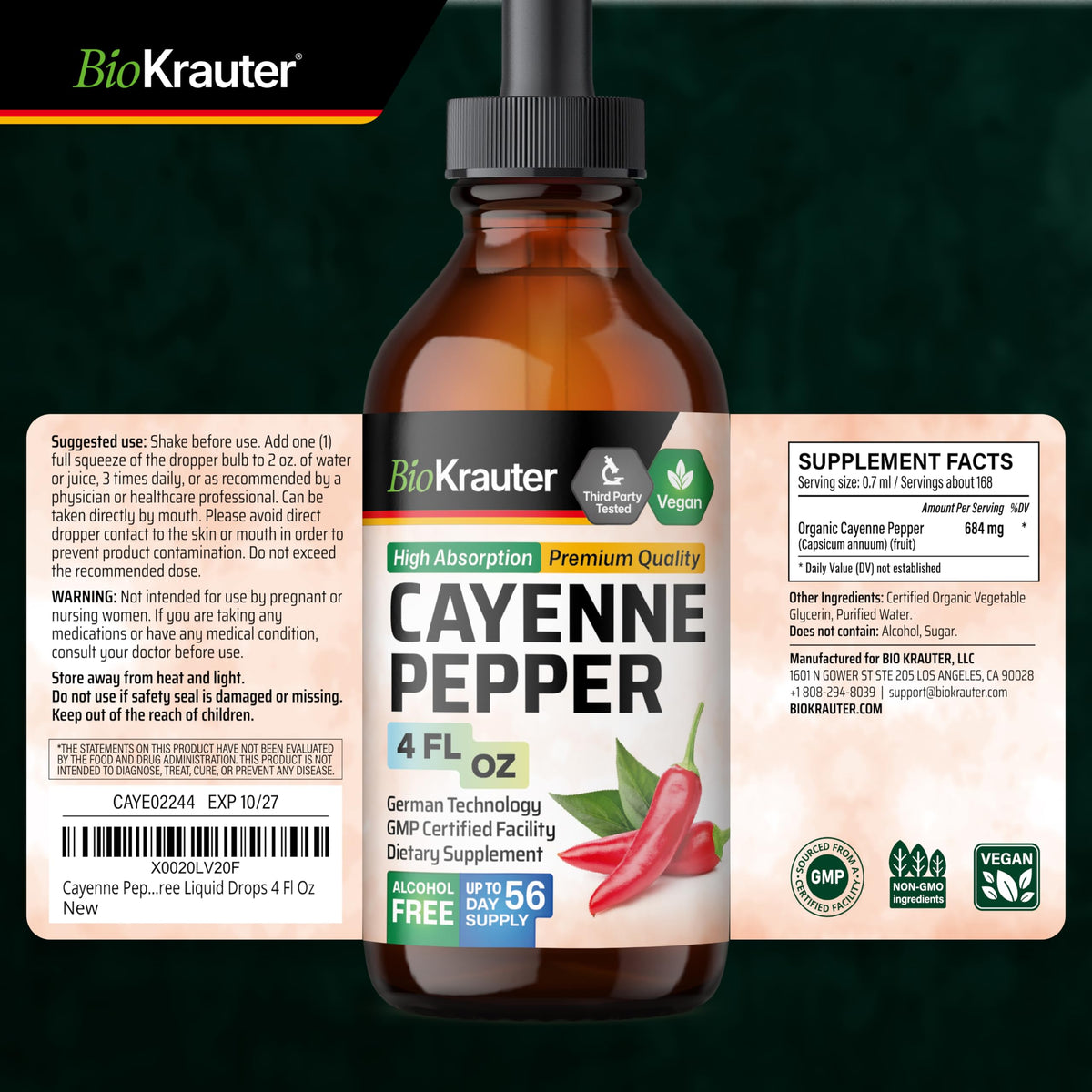 Flacon d'extrait de poivre de cayenne BIO KRAUTER avec des gouttes sur une cuillère