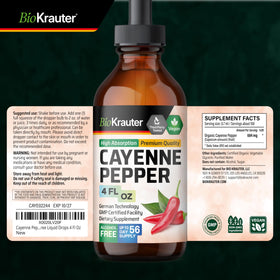 Flacon d'extrait de poivre de cayenne BIO KRAUTER avec des gouttes sur une cuillère