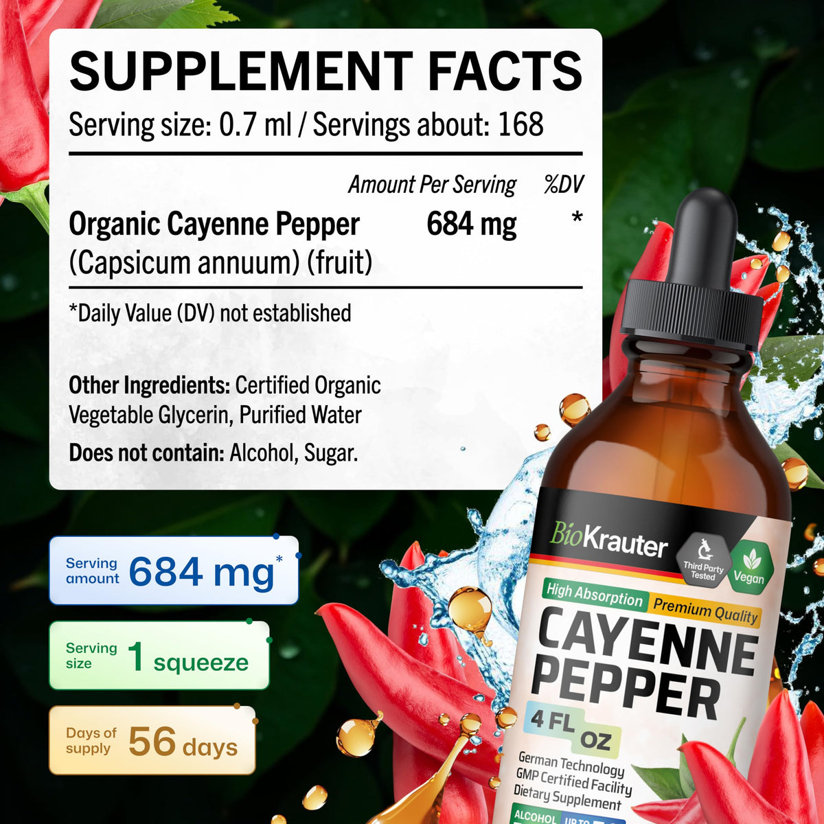 Flacon d'extrait de poivre de cayenne BIO KRAUTER sur une table en bois
