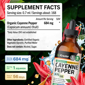 Flacon d'extrait de poivre de cayenne BIO KRAUTER sur une table en bois