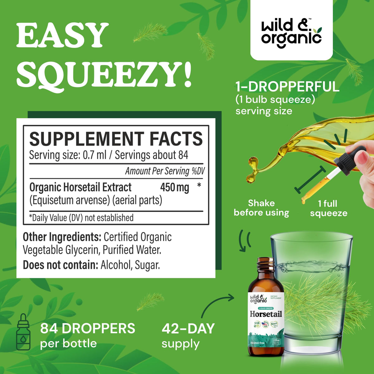 Flacon d'extrait de prêle Wild & Organic avec goutte à goutte