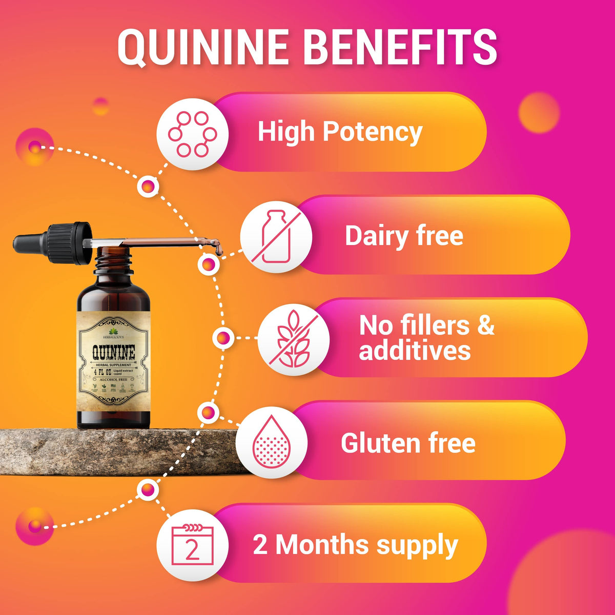 Flacon d'extrait de quinine HERBALICIOUS avec arriere-plan naturel