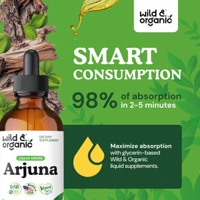 Flacon d'extrait de racine d'Arjuna Wild & Organic sur une table en bois