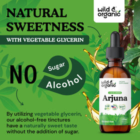 Flacon d'extrait de racine d'arjuna Wild & Organic sur une table en bois