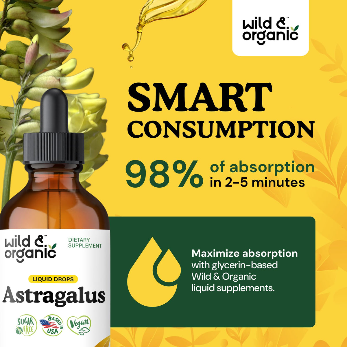 Flacon d'extrait de racine d'astragale Wild & Organic avec gouttes visibles