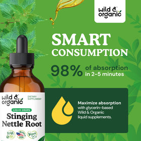 Flacon d'extrait de racine d'ortie Wild & Organic avec fond naturel