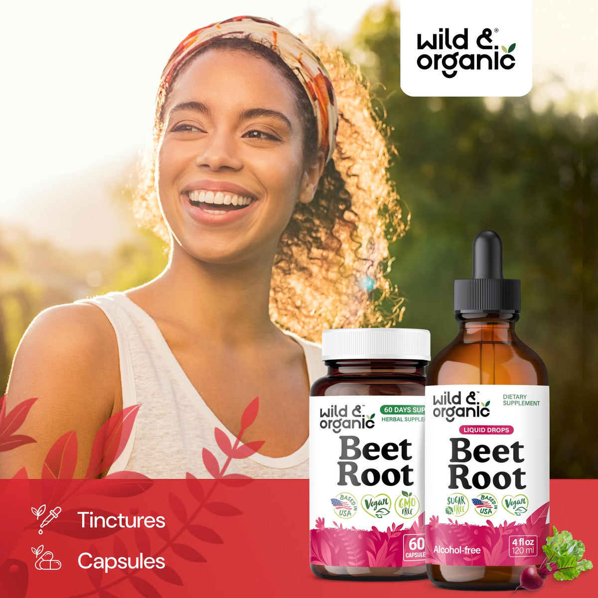 Flacon d'extrait de racine de betterave Wild & Organic avec un fond naturel