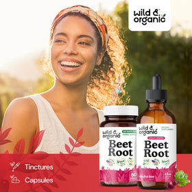 Flacon d'extrait de racine de betterave Wild & Organic avec un fond naturel