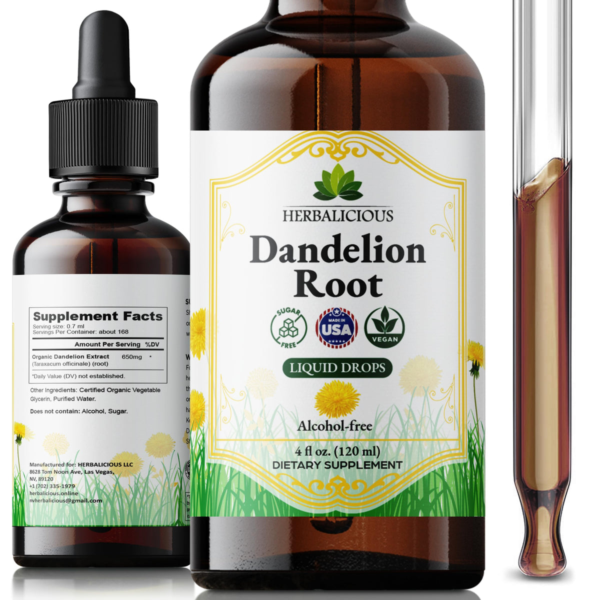 Flacon d'extrait de racine de pissenlit HERBALICIOUS 650mg 4 oz