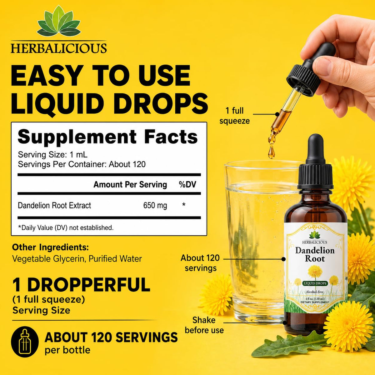 Flacon d'extrait de racine de pissenlit HERBALICIOUS sur une table en bois