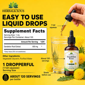 Flacon d'extrait de racine de pissenlit HERBALICIOUS sur une table en bois