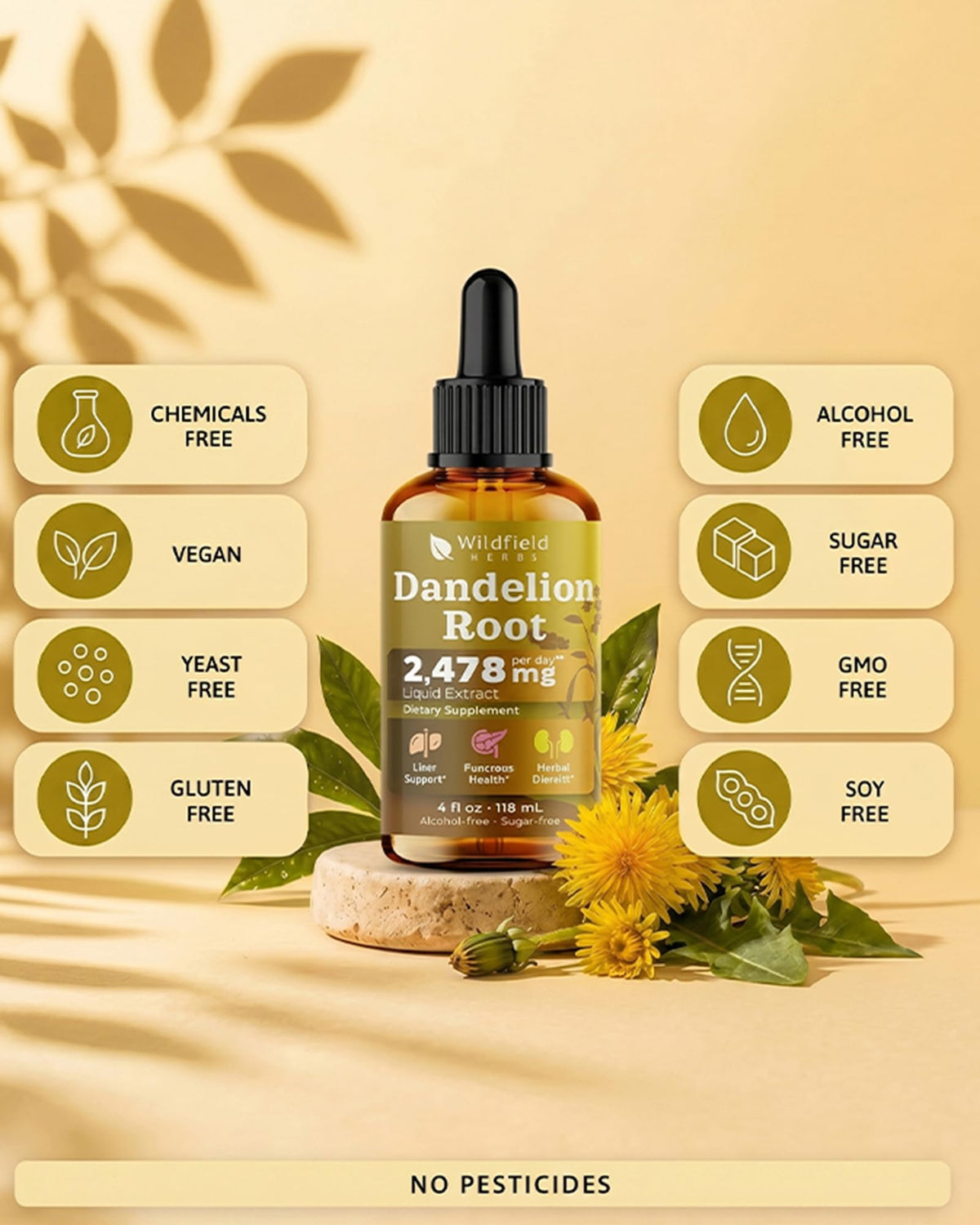Flacon d'extrait de racine de pissenlit WILDFIELD HERBS avec un fond de plantes