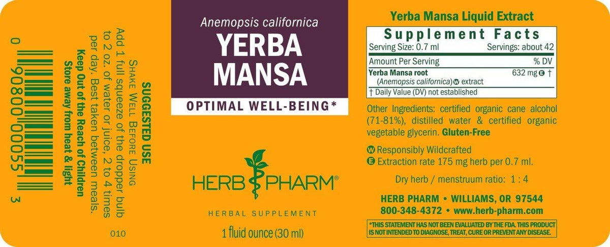Flacon d'extrait de racine de Yerba Mansa Herb Pharm 68g avec étiquette