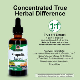 Flacon d'extrait de résine de propolis Nature's Answer dans un environnement naturel