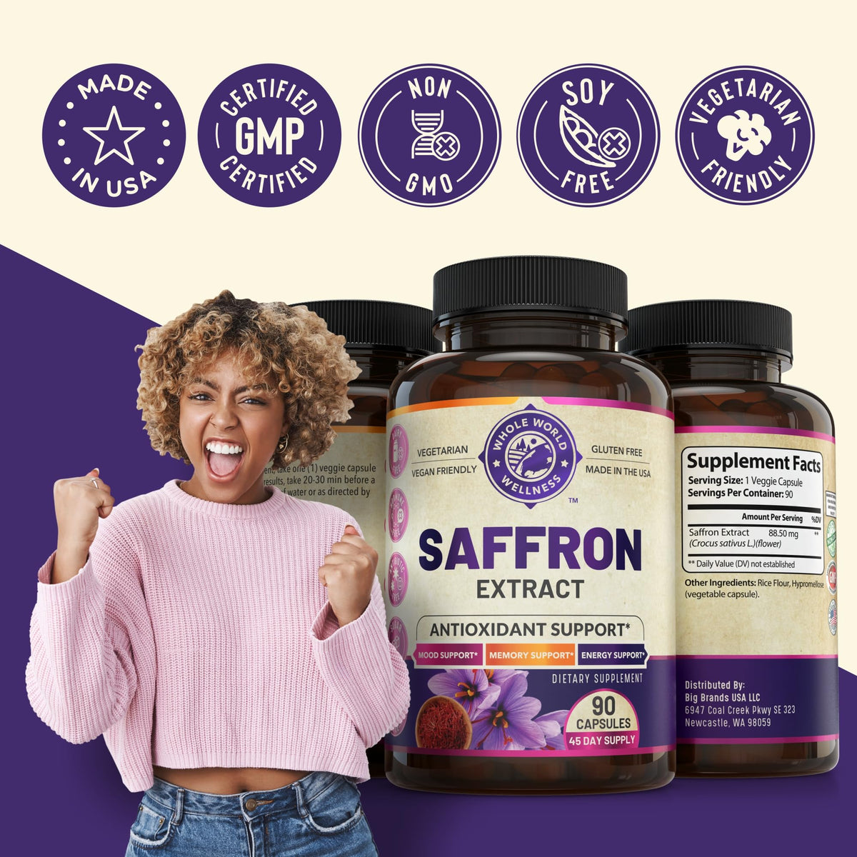 Flacon d'extrait de safran pur WHOLE WORLD WELLNESS sur une table en bois