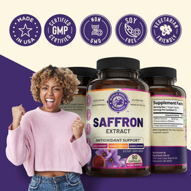 Flacon d'extrait de safran pur WHOLE WORLD WELLNESS sur une table en bois