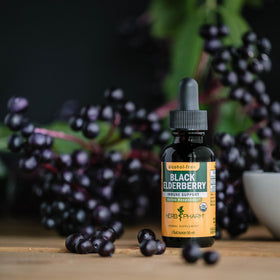 Flacon d'extrait de sureau noir Herb Pharm sur une table en bois