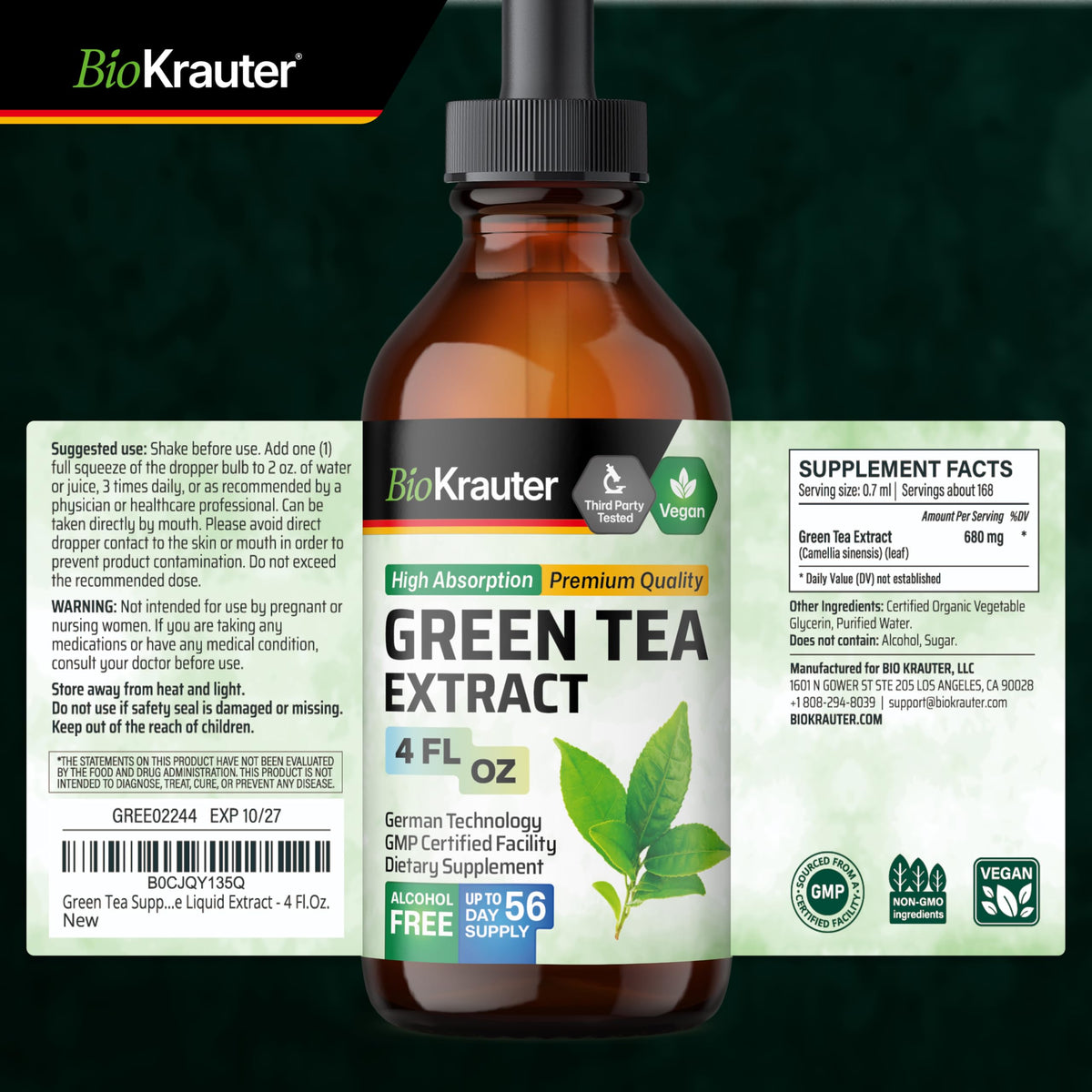 Flacon d'extrait de thé vert BIO KRAUTER à côté de fruits frais