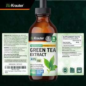 Flacon d'extrait de thé vert BIO KRAUTER à côté de fruits frais