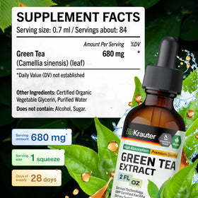 Flacon d'extrait de thé vert BIO KRAUTER sur une table en bois