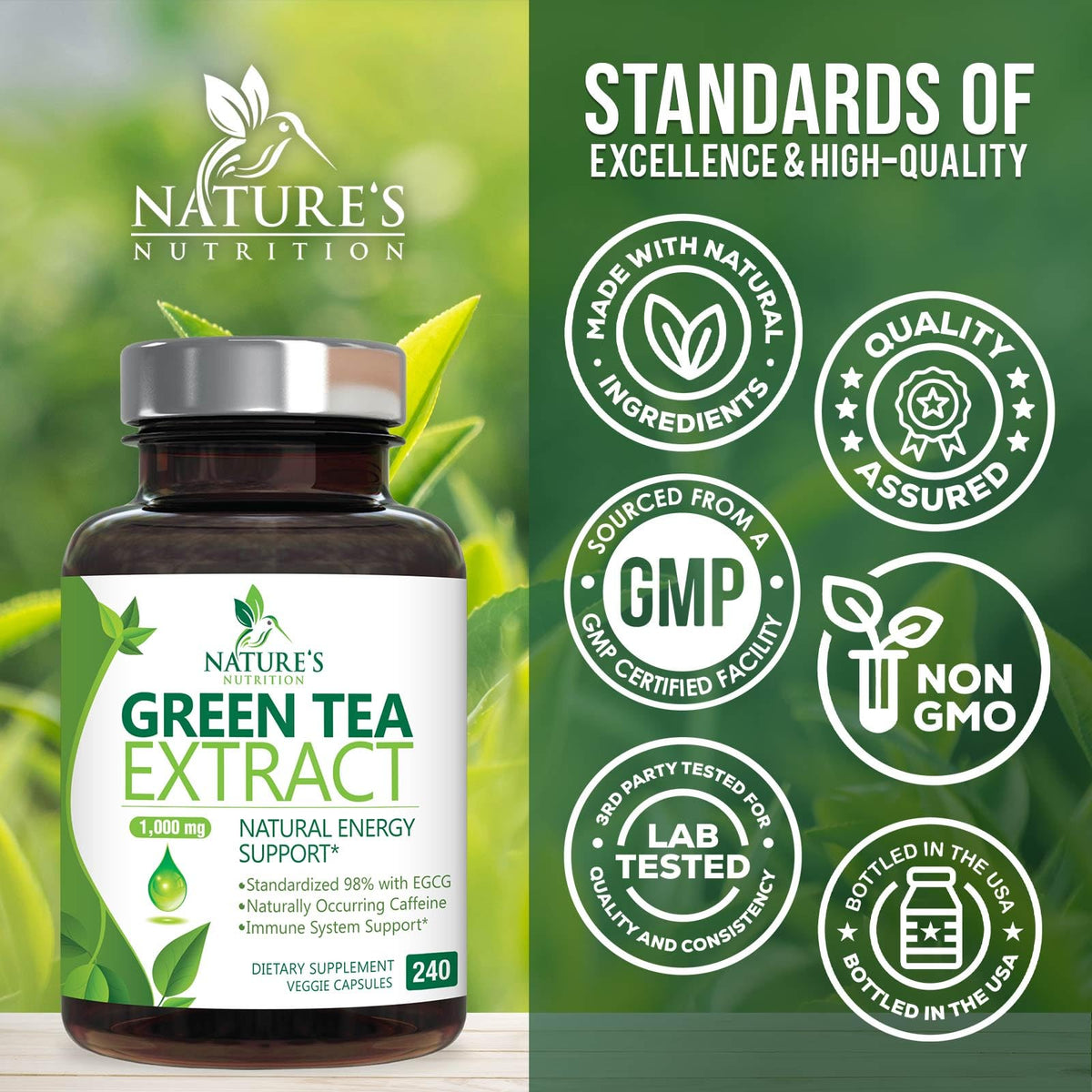 Flacon d'extrait de thé vert Nature's Nutrition avec étiquette visible