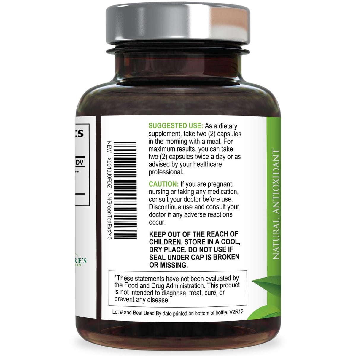 Flacon d'extrait de thé vert Nature's Nutrition ouvert avec capsules
