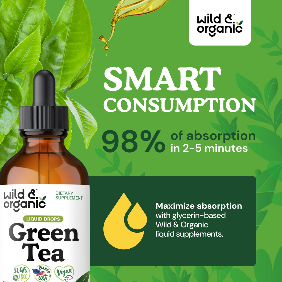 Flacon d'extrait de thé vert Wild & Organic sur une table en bois