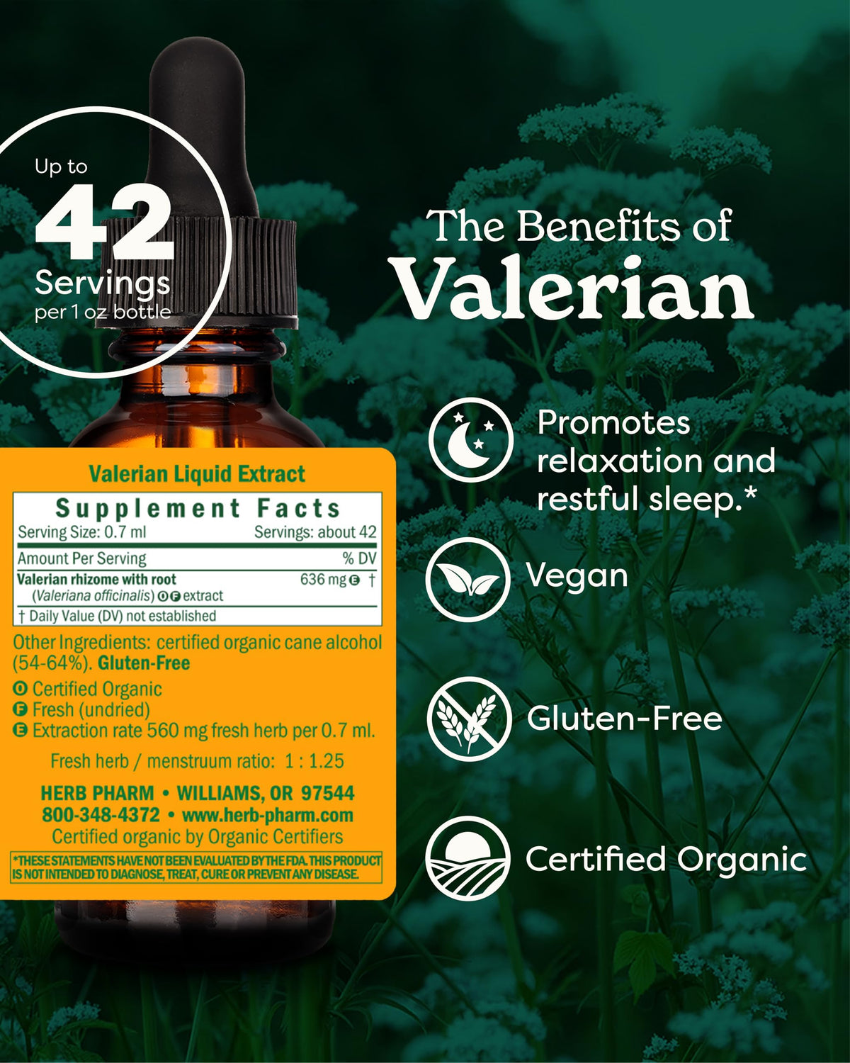 Flacon d'extrait de valériane Herb Pharm avec étiquette bio
