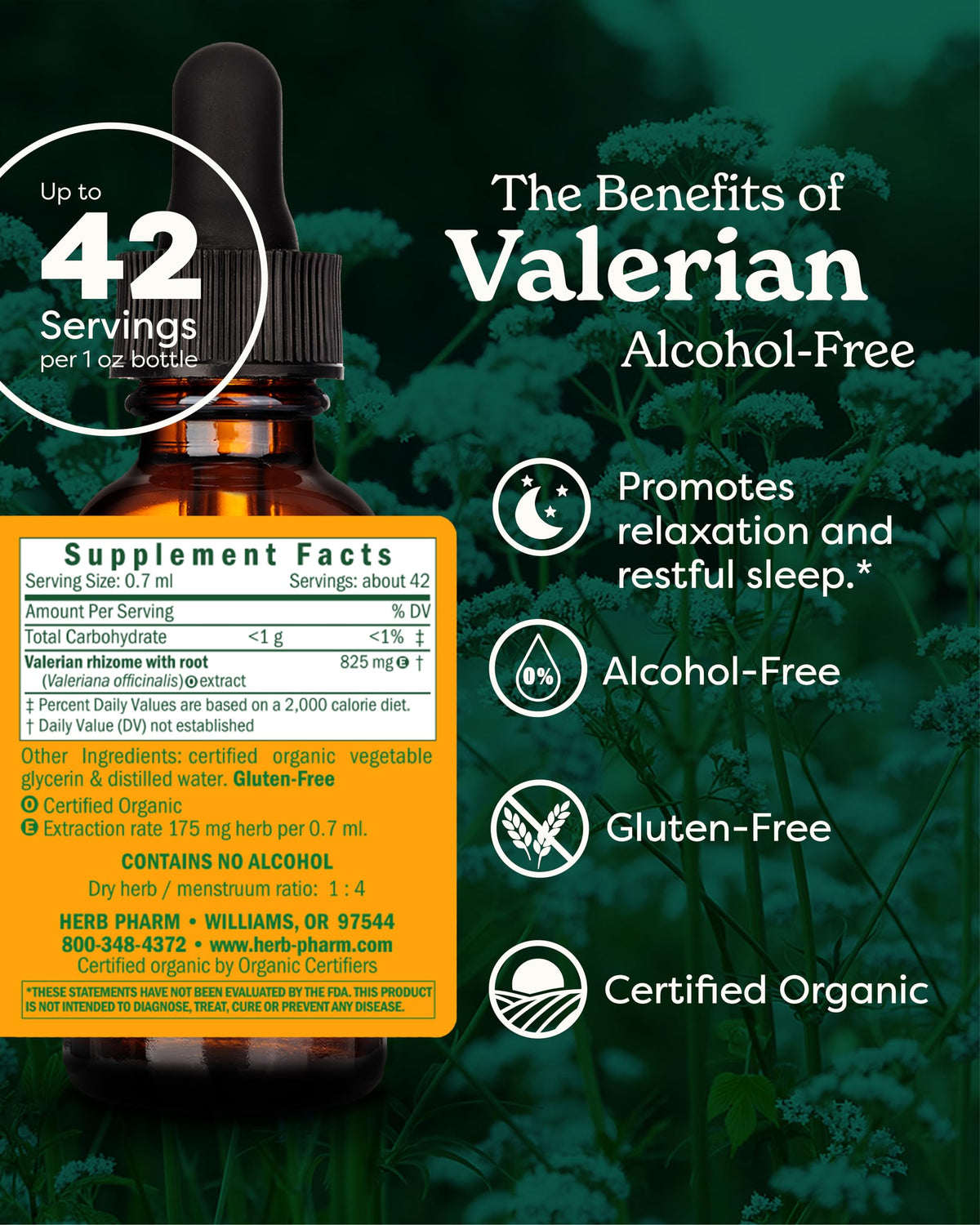 Flacon d'extrait de valériane Herb Pharm avec goutte à goutte